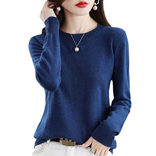 MIYYO Damen 100% Wolle Pullover Herbst Winter Langarm Warm Kaschmir Strickpullover Frauen Lässig Oversize Strickpulli (Color : Blue, Size : L) von MIYYO