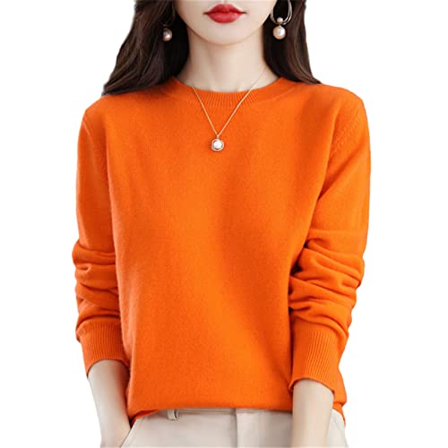 MIYYO Damen 100% Wolle Pullover Herbst Winter Langarm Warm Kaschmir Strickpullover Frauen Lässig Oversize Strickpulli (Color : Orange, Size : S) von MIYYO