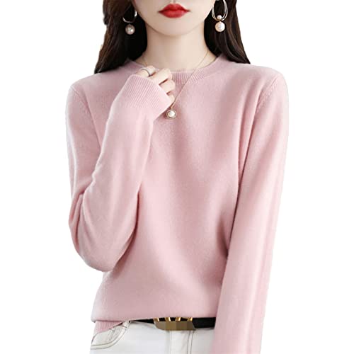 MIYYO Damen 100% Wolle Pullover Herbst Winter Langarm Warm Kaschmir Strickpullover Frauen Lässig Oversize Strickpulli (Color : Pink, Size : L) von MIYYO