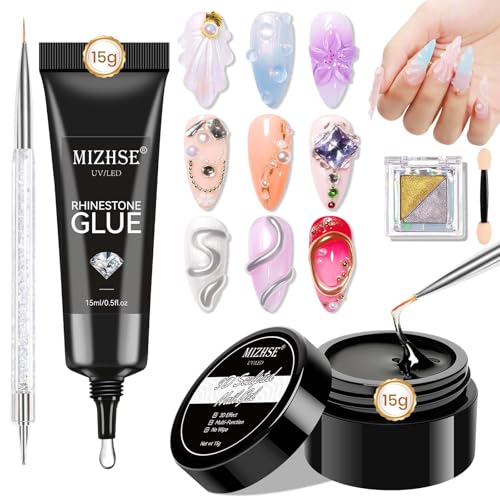 MIZHSE 3D Skulptur Nail Gel, 2 PCS 15g Clear Rhinstone Glue Gem Gel Mit Chrome Nail Powder Silber Gold Mirror Effect Für 3D Gel Nail Art Nagel Carving Nail Glue Gel Nail 5D-Geprägtes Nageldesign von MIZHSE