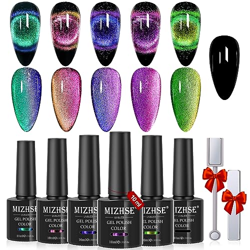 MIZHSE Cat Eye UV Cel Nagellack Set 6 Farben 9D Cat Eye Gel Nail Polish Set mit 2 Magnet Cateye UV Gel Chamäleon Cateye Magnet UV Nagellack Glitzer Holografischer Tränken Gel Nagel Set Maniküre 10ml von MIZHSE