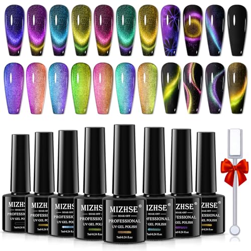 MIZHSE Cat Eye UV Gel Nagellack Set - 8 Farben 9D Cateye Magnet UV Nagellack Set Cateye UV Gel Nail Polish Set Cat Eye Gel Gel Nagellack Glitzer Magnet Magellack UV/LED mit Schwarze Basis & 1 Magnet von MIZHSE