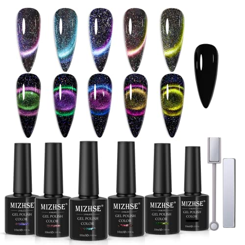 MIZHSE Cat Eye UV Cel Nagellack Set 6 Farben 9D Cat Eye Gel Nail Polish UV Gellack Cateye UV Gel Cat Eye Gel UV Nagellack Glitzer Reflektierend Schwarz Gelnägel mit Magnetstift DIY Nagelstudio 10ml von MIZHSE