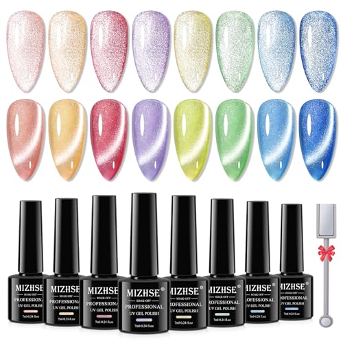 MIZHSE Cat Eye UV Cel Nagellack Set - 8 Farben Cateye UV Gel mit Magnetstift Sommer Cateye Magnet Nagellack Glitzer Cat Eye Cel Nail Polish Set DIY Nail Art Maniküre Salon 7ml von MIZHSE