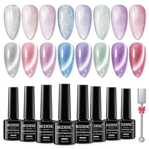 MIZHSE UV Nagellack Set - 8 Farben Cat Eye UV Gel Nagellack Glitzer Cateye Magnet Shinning Reflektierender Cateye UV Gel Katzenaugen Gel Cat Eye Gel Nail Polish UV Lacke Für Nägel mit Magnetstiften von MIZHSE