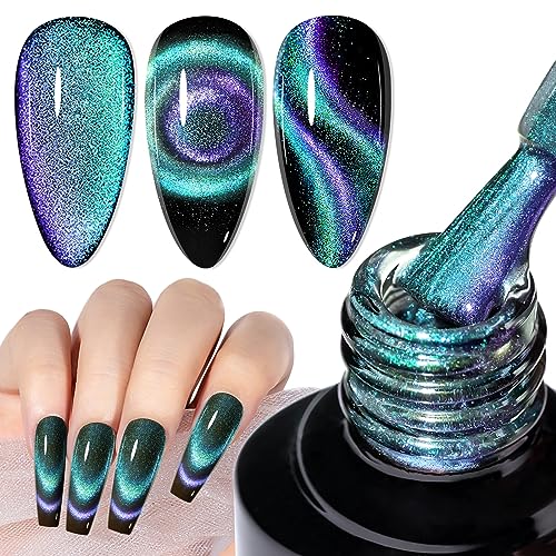 MIZHSE Cat Eye UV Gel 9D Cateye UV Gel Chamäleon mit Lila und Grüner Schimmer, Magnetischer Cat Eye Gels Nail Polish Glitzer Katzenaugen Nagellack Soak Off UV/LED mit 1 Magnet 10ml von MIZHSE