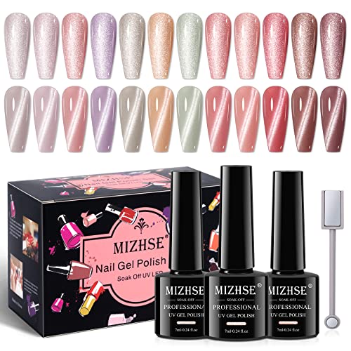 MIZHSE Cat Eye UV Gel Nagellack Set - 12 Farben Cat Eye Gel UV Nagellack Glitzer Cateye Magnet Nagellack Rosa 9D Cateye UV Gel Nail Polish Set UV Lacke Für Nägel mit Magnetstift 7ml von MIZHSE