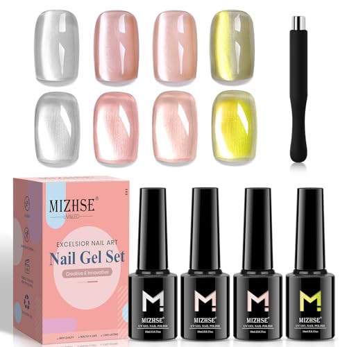 MIZHSE Cat Eye UV Gel Nagellack Set - 4 Farben 9D Cateye Magnet UV Nagellack Glitzer Cateye UV Gel Nail Polish Set Cat Eye Gel mit Magnet Soak Off UV Gel für DIY-Maniküre Art 10ml von MIZHSE