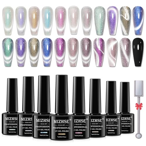 MIZHSE Cat Eye UV Gel Nagellack Set - 8 Farben 9D Chamäleon Cateye UV Gel Nail Polish Set Cateye Magnet UV Nagellack Glitzer Cat Eye Cel Magnet Nagellack mit Magnetstift Schwarze Basis 7ml von MIZHSE