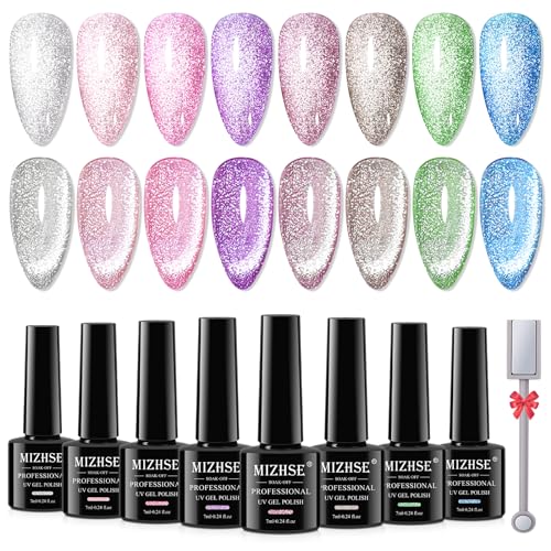 MIZHSE Cat Eye UV Gel Nagellack Set - 8 Farben Cateye Magnet UV Nagellack Glitzer Cat Eye Gel Nail Polish Set mit 1 Magnet von MIZHSE