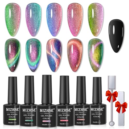 MIZHSE Gel Nagellack Set - 6 Farben Cat Eye UV Cel 9D Chamäleon Cateye Magnet UV Nagellack Set Cateye UV Gel Holografisch UV Lack Cat Eye Gel Nail Polish 10ml mit 1 Magnet Nagellack von MIZHSE