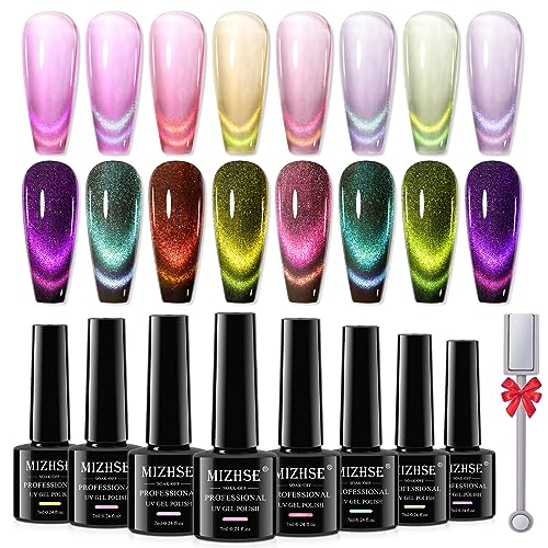 MIZHSE Cat Eye UV Gel Nagellack Set - 8 Farben Cateye Magnet UV Nagellack Glitzer Cat Eye Gel Nail Polish Set Cateye UV Gel Diamond Holografischer Gellack UV mit 1 Magnetstiften von MIZHSE