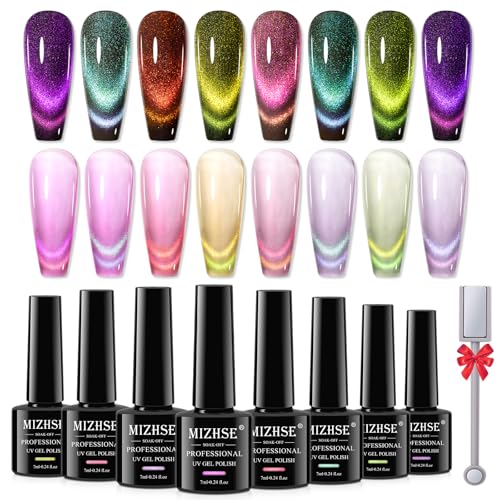 MIZHSE Cat Eye UV Gel Nagellack Set - 8 Farben Cateye Magnet UV Nagellack Glitzer Cat Eye Gel Nail Polish Set Cateye U V Gels Diamond Holografischer Gellack U V mit 1 Magnetstiften von MIZHSE