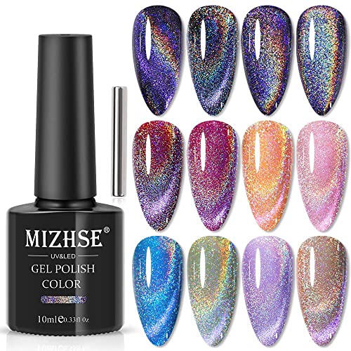 MIZHSE Cat Eye UV Gel Nagellack Universeller Regenbogen Cateye UV Nagellack Set Holografisches 9D Magnet Nagellack Chamäleon Glitter Gel für Nageldesign Sparkle Gel Nail Polish mit Magnetstift von MIZHSE