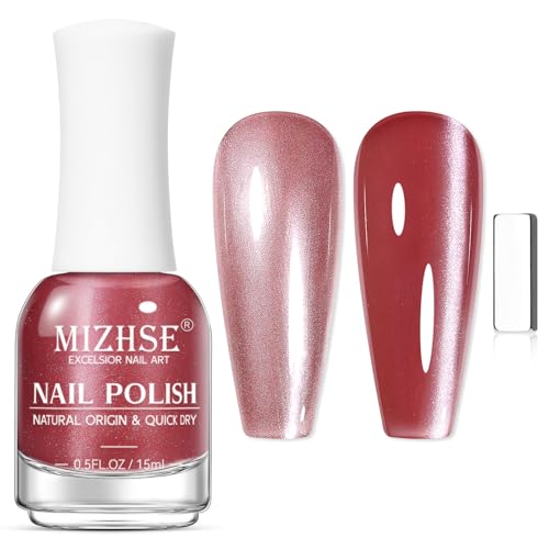 MIZHSE Kirschrot Cat Eye Nagellack Ohne UV TPO HEMA Frei Nagellack Schnelltrocknend mit Breiten Hellen Cateye Effekt, Cat Eye Nail Polish, CatEye Nagelack Ohne UV Lampe, Reflektierendes Glitzer 15ML von MIZHSE