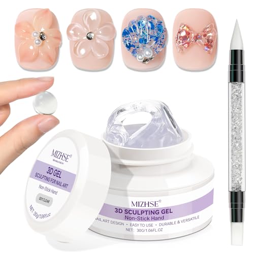 MIZHSE Clear 3D Skulptur Nail Gel, 3D Gel Nail Art für Modellierung, Clear Skulptur Nagel Glue Non Stick Hand, Rhinestone Glue für Nails Art mit Silikon Nagel Pinsel, DIY Maniküre Werkzeug 30g 1PC von MIZHSE