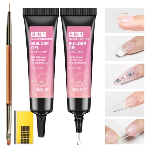 MIZHSE 2PC 15G Clear Builder Gel mit Präzision Spitze, 8 in 1 Rhinestone Glue für Nail Charms, Multifunktionales Skulptur Glue, Nagelverlängerung und Modellage mit Nagel Pinsel 10 St Nagel Schablonen von MIZHSE