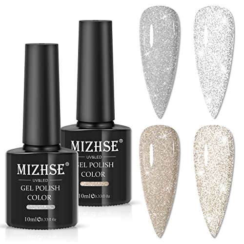 MIZHSE Gel Nagellack Glitzer 2 Farben Reflektierender Diamant UV Nagellack Funkelnder Glänzend Disco Silber Glitzer Gel Nail Polish für Nageldesigns Nail Art Starter Kit 10ml von MIZHSE