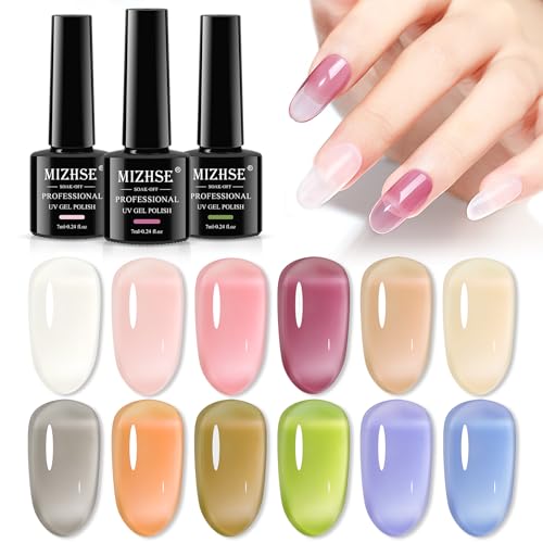 MIZHSE Gel Nagellack Set - 12 Farben Jelly Nudetöne UV Nagellack Set, Jelly Gel Nail Polish Set Nude Gel Nagellack Milchig Weiss Rose Nude Pink Gellack UV LED Soak-Off Nagellack für Zuhause Maniküre von MIZHSE