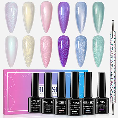 MIZHSE Gel Nagellack Set - 6 Farben Pearl Effect UV Nagellack Set Weiß Shimmer Gel Nail Polish Set mit Thread Shell Gellack UV 10ml UV/LED Soak Off Pearl UV Gel Nagellack Set von MIZHSE