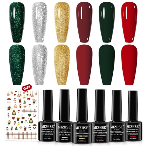 MIZHSE Gel Nagellack Set, 6 Farben Weihnachten Glitzer Rot Grün Weinrot Gold Silber Weihnachts UV Nagellack Set Soak Off Gel Nail Polish Set für Starter Set DIY Nail Art Maniküre Salon, 7ml von MIZHSE