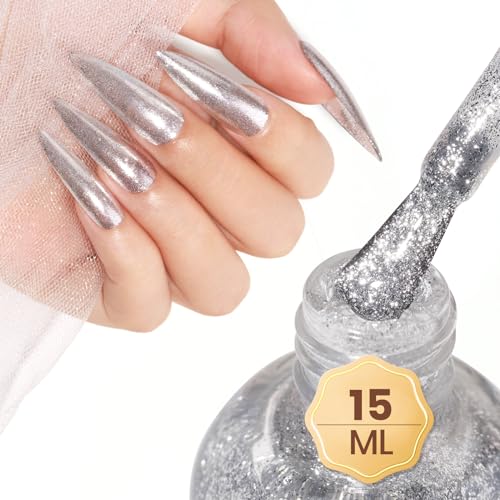 MIZHSE Glitzer Nagellack, Nagellack Silber Nagellack Holographic Nagellack Glitzer Shining Shine Nail Art Nagellack Schnelltrocknend Long Lasting Nail Polish Set 15ml Silber von MIZHSE