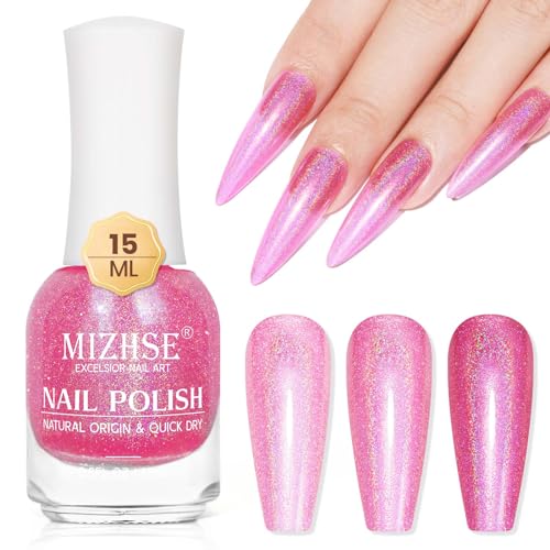 MIZHSE Nagellack Glitter Nagellack Schnelltrocknend Holographic Nail Polish Regenbogen Shining Glitter Shine Nail Art Gel Nagellack Ohne UV Lampe Nail Polish Set Nagellack Pink 15ml von MIZHSE