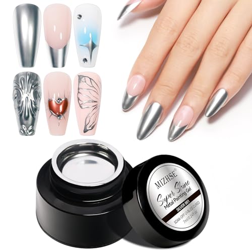 MIZHSE Metallic Painting Gel, 3D Metal Mirror Effect, Holographic Nail Polish Silver Painted Gel Liner Nail Art, Metallic-Gel-Nagellack Holographic 3D Metal Mirror Effect Sliver Painting Gel Nail Art von MIZHSE