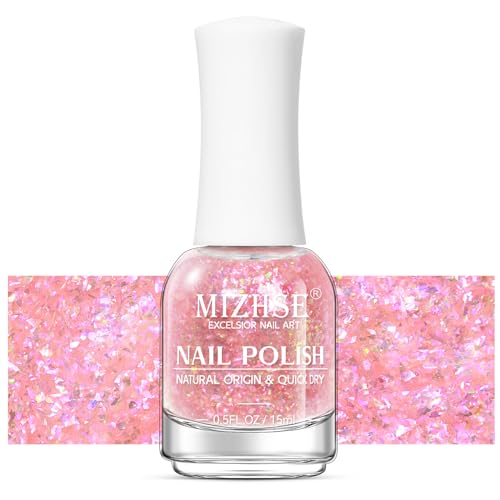 MIZHSE Glitter Nagellack Schnelltrocknend Aurora Pink Regenbogen Shining Nail Art Gel Ohne UV Lampe Polish Nageldesign Set DIY zu Hause Salon 15ml von MIZHSE