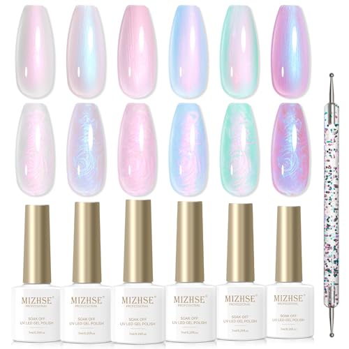 MIZHSE Pearl Effect Gel Nagellack Set - 6 Farben UV Nagellack weiß Perlmutt Nagel lack UV Lack Aurora Spirale Schimmer mit Thread Shell Nagel Maniküre LED Pearl Gel Nail Polish 7ml von MIZHSE