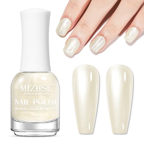 MIZHSE Weiß Nagellack mit Perlmuttglanz, Perlmutt-Weiß Shimmer Nagellack Schnelltrocknend Oil Based, Glitter Nagelack, Ohne UV Lampe Nail Polish Nageldesign DIY zu Hause Salon TPO HEMA Frei 15ML 1PC von MIZHSE