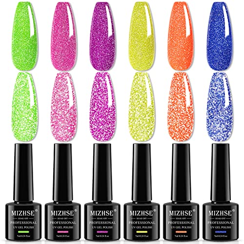 MIZHSE Reflektierender Gel Nagellack Glitzer, Neon 6 Farben UV Nagellack Glitzer Nagellack Glänzender Diamant Gel Nail Polish für Nageldesigns Nail Art Starter Kit 7ml von MIZHSE