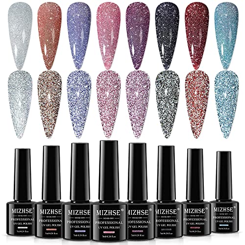 MIZHSE Reflektierender Glitzer UV Nagellack 8pcs Funkelnder Diamant Gel Nagellack Glitter Sparkly Nagellack Glänzender Diamant Gel Nail Polish für Nageldesigns Nail Art Starter Kit 7ml von MIZHSE