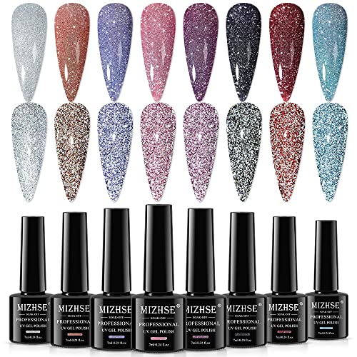MIZHSE Reflektierender Glitzer UV Nagellack 8pcs - Funkelnder Diamant Gel Sparkly Glänzender Nail Polish für Nageldesigns - Nail Art Starter Kit 7ml von MIZHSE