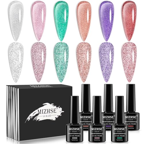 MIZHSE UV Nagellack Glitzer Durchsichtig Gelee Kristall Glitzer Nagellack 6 Farben 7ml Reflektierend Funkelnder Glitzer Nagelack Gel Nail Polish für Nageldesigns Nail Art Starter Kit 10ml von MIZHSE