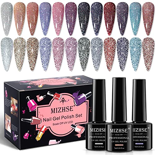 MIZHSE UV Nagellack Glitzer, 12 Farben Bunter Reflektierendes Funkelnder Gel Nagellack Glitzer Glänzender Diamant Gel Gold Sparkly Gel Nail Polish für Nageldesigns Nail Art Starter Kit 7ml von MIZHSE