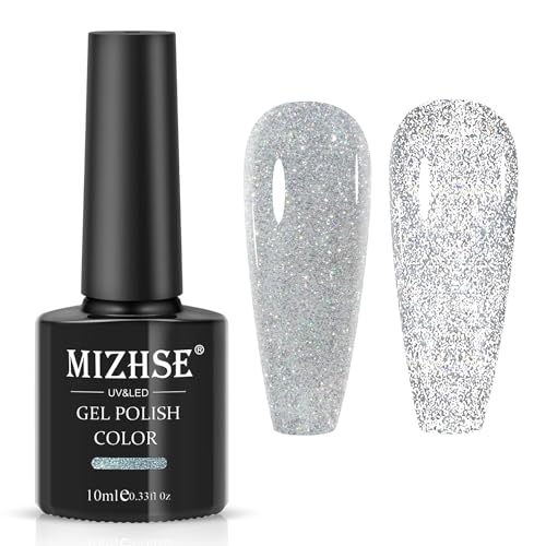 MIZHSE UV Nagellack Glitzer, Reflektierendes Gelpoliermittel Funkelnder Glitzer Nagellack Glänzender Diamant Silber Sparkly Gel Nail Polish für Nageldesigns Nail Art Starter Kit 10ml von MIZHSE