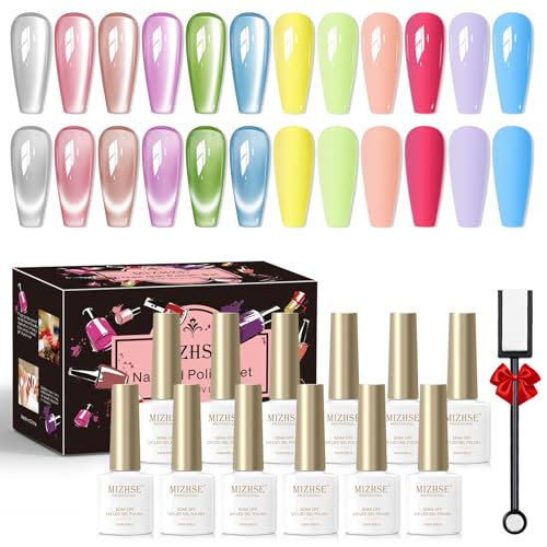 MIZHSE UV Nagellack Set 12pcs, Mondlicht Cat Eye UV Gel Nagellack Set Mit Magnet 6pcs & Sommer Gel Nail Polish 6pcs, 9D Cateye Nagel lack Art Manicure Salon Home DIY 7ml von MIZHSE
