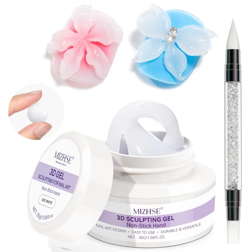 MIZHSE Weiß 3D Skulptur Nail Gel, 3D Gel Nail Art für Modellierung, Weiß Skulptur Nagel Glue Non Stick Hand, Rhinestone Glue für Nails Art mit Silikon Nagel Pinsel, DIY Maniküre Werkzeug 30g 1PC von MIZHSE