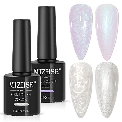 MIZHSE Pearl Gel Nagellack Set - 2 Farben UV Nagellack Weiß Pearl Effect Spirale Schimmer Effekt Gel Nail Polish mit Thread Shell Nagel Maniküre UV/LED Soak Off Pearl UV Lack Set von MIZHSE