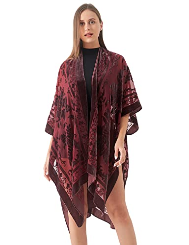 MJ SERECA Damen Burnout Samt Kimono Lang Cardigan Cover Up Ohne Quaste, kastanienbraun, Einheitsgröße von MJ SERECA