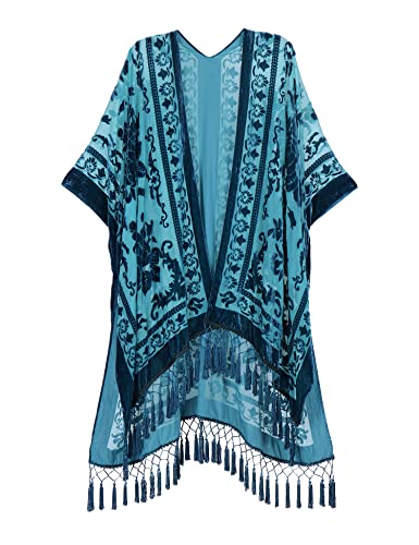 MJ SERECA Damen Burnout Samt Kimono Lange Strickjacke Cover Up mit Quaste, Aquamarin von MJ SERECA