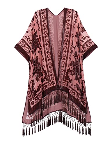 MJ SERECA Damen Burnout Samt Kimono Lange Strickjacke Cover Up mit Quaste, Schoko-Stroh, Einheitsgröße von MJ SERECA