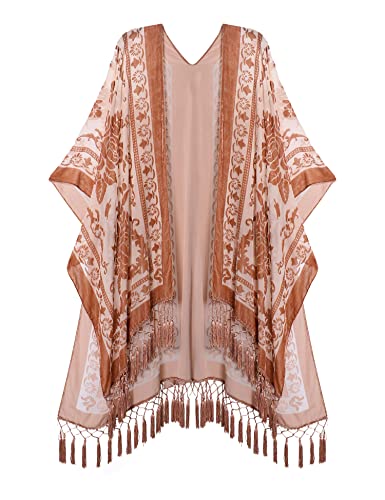MJ SERECA Langer Kimono-Cardigan aus Burnout-Samt für Damen mit Bommel Sand von MJ SERECA
