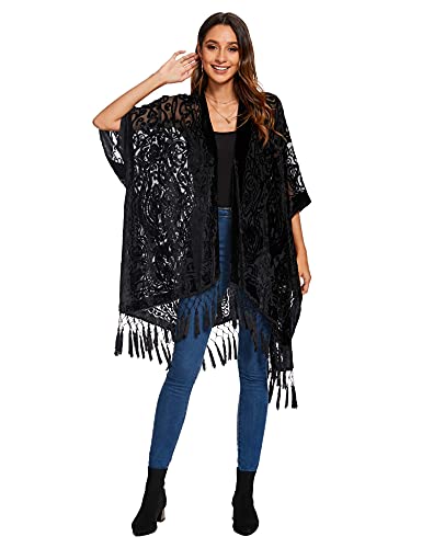 MJ SERECA Langer Kimono-Cardigan aus Burnout-Samt für Damen mit Bommel Schwarz-2 von MJ SERECA