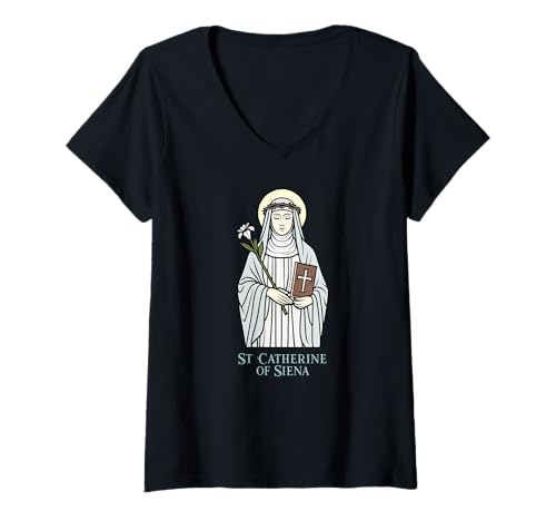 Damen Katharina von Siena katholische Schutzpatronin T-Shirt mit V-Ausschnitt Damen Katharina von Siena katholische Schutzpatronin T-Shirt mit V-Ausschnitt von MJ Sacred Art