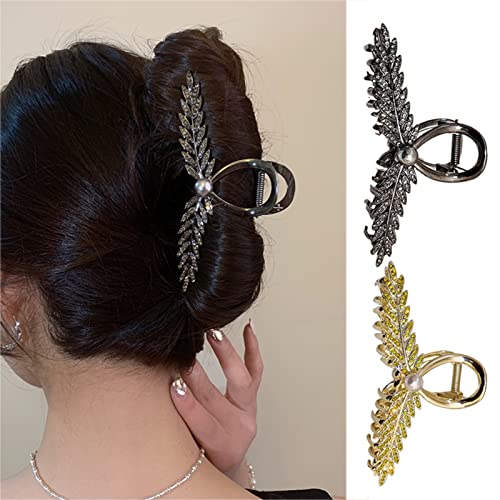 MJARTORIA Blumen Haarklammer Groß Metall Strass, Schmetterling Haarspange Damen mit Perlen, Rutschfestes Haarschmuck Clips für Dünnes Haar Dickes Haar Accessoires (Schwarzgold 2PCS) von MJARTORIA