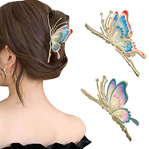 MJARTORIA 2 STÜCKE Schmetterling Haar Klaue Clips für Frauen Große rutschfeste Starke Metall Haar Fang Barrettes Backenklemmen Haar Zubehör für Medium Dickes Haar (Gold-Bunte Butterfly-2 Stücke) von MJARTORIA