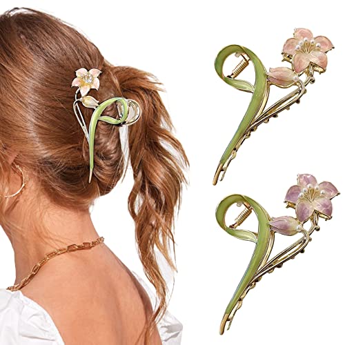 MJARTORIA 2 Stück Blumen-Haarklammern für Frauen, groß, rutschfest, starke Metall-Haarspangen, Klemmen, Haarschmuck für mitteldickes Haar (Gold-Lily-2 Stück) von MJARTORIA