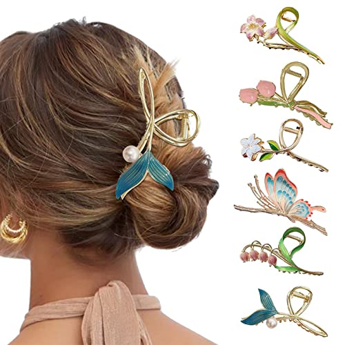 MJARTORIA 2 Stück Schmetterlings-Haarklammern für Frauen, groß, rutschfest, starke Metall-Haarspangen, Klemmen, Haarschmuck für mitteldickes Haar (Gold-Blume-6 Stück) von MJARTORIA